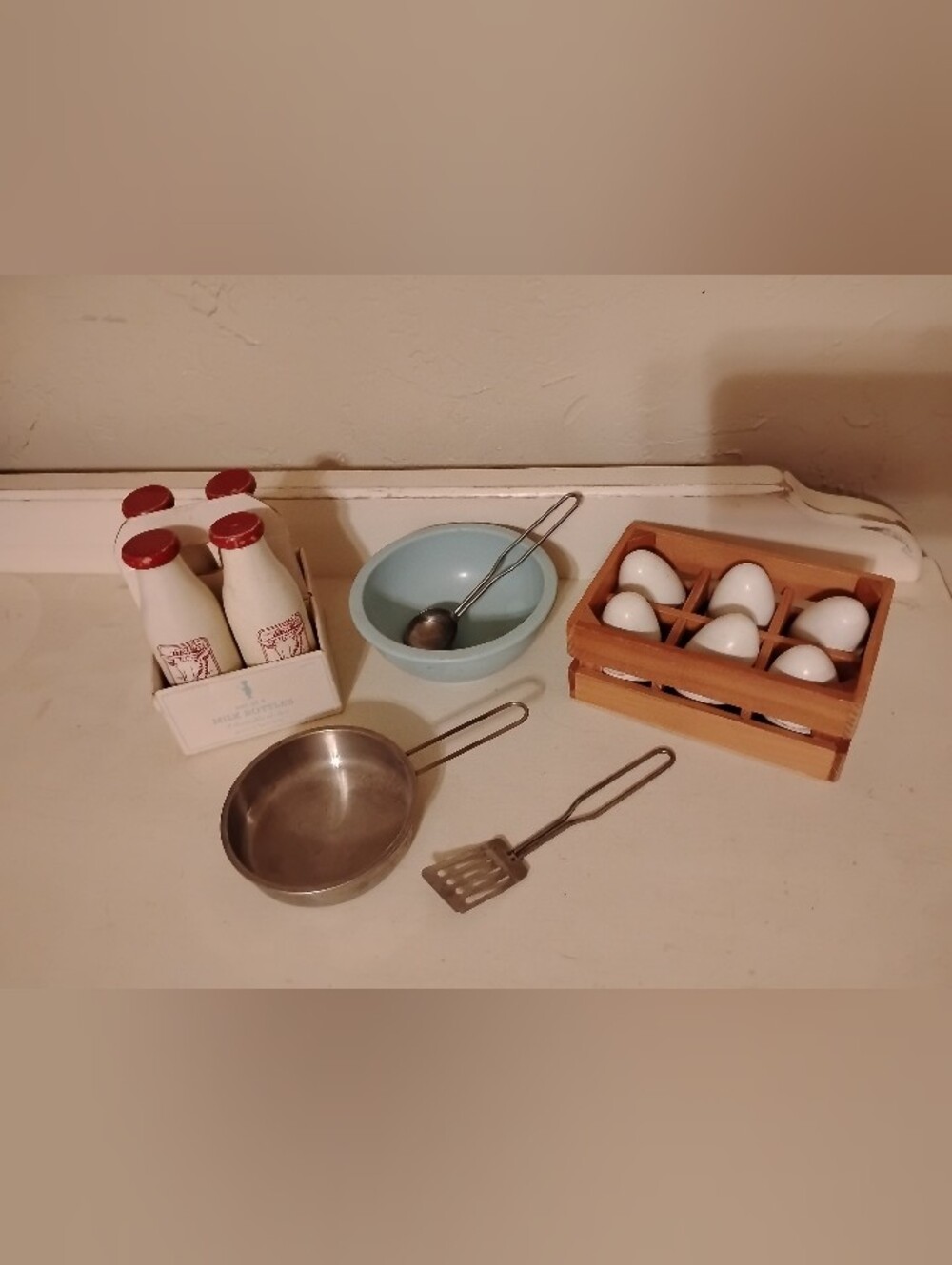 Pottery Barn Kids Vtg Wooden Milk Bottle Egg Crate Set Waldorf Play Kitchen Toys